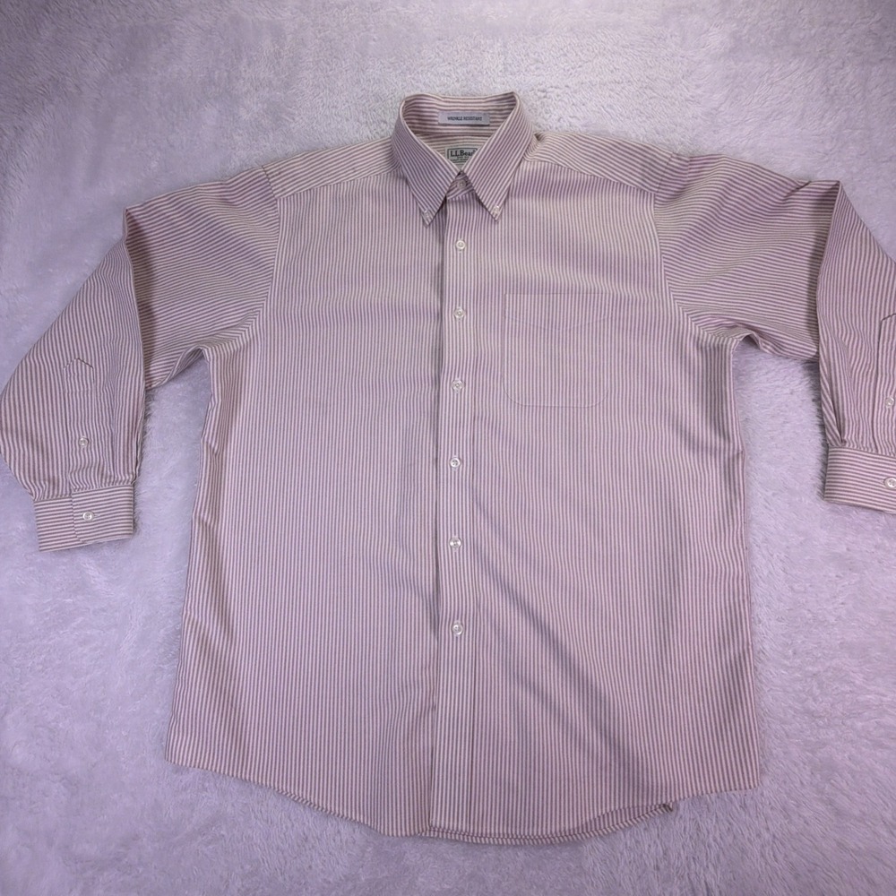 LL Bean Wrinkle Resistant Button-Up Shirt Mens 16-32 Striped 100% Heavy Cotton